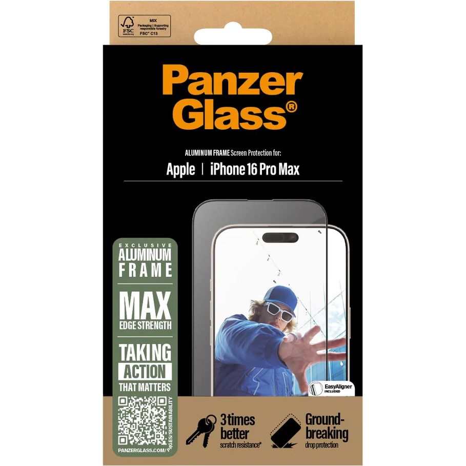 Szkło hartowane PanzerGlass Aluminum Frame Ultra-Wide Fit do Apple iPhone 16 Pro Max z czarną ramką